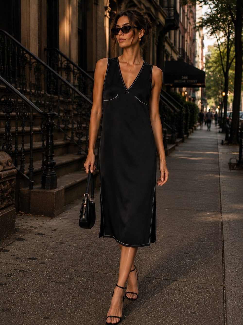 Black Satin Slip Midi Dress with Contrast Stitching | Minimalist Chic